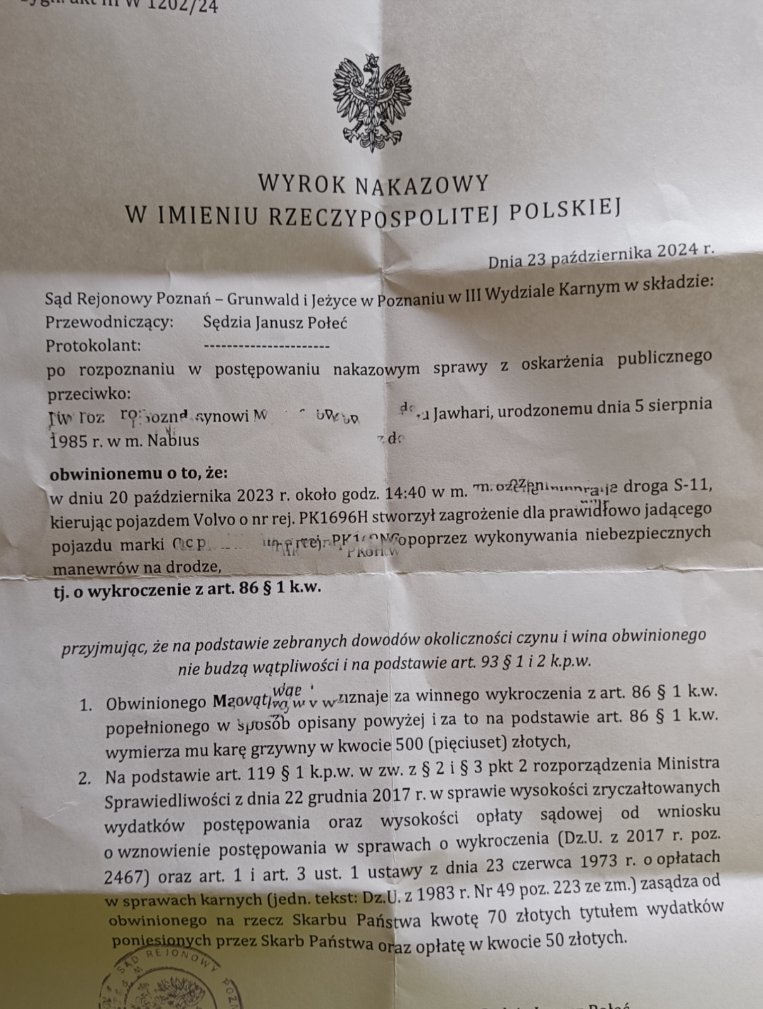 Wyrok sądu w sprawie kierowcy Volvo PK1696H